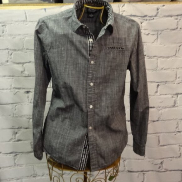 First Wave Long Sleeve Button Down Gray & Black Shirt w/Front Pocket - Picture 1 of 9